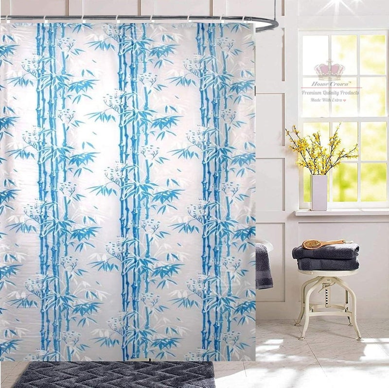 HOMECROWN Printed Bamboo Design Waterproof Shower PVC Floral Curtain with 8 Hooks for Bathroom 7 Feet 54 x 84 Inch Blue Color - Image 1