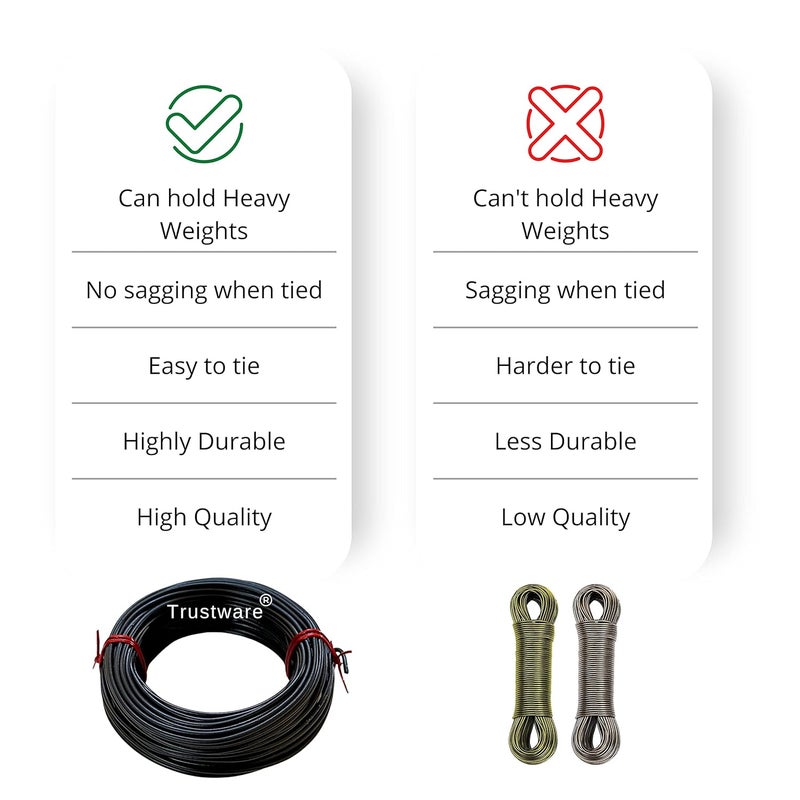 TRUSTWARE Rope Wire for Cloth Drying & Hanging Clothes-Clothesline for Home & Outside Usage | Heavy Gauge | Rust Proof | No Hook or Pulley | No Sagging | Easy to Tie | Length-22 Meters (Black). - Image 4