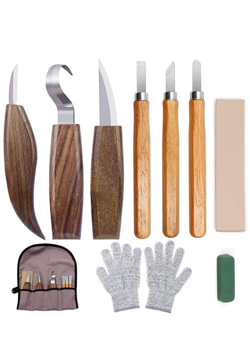 واي آند دي 10Pcs Wood Carving Kit, Convenient Tools Set Cut Resistant Gloves Spoon Hook Knife, Whittling Chip Detail Knife Sandpaper for Woodworking  - Image 1