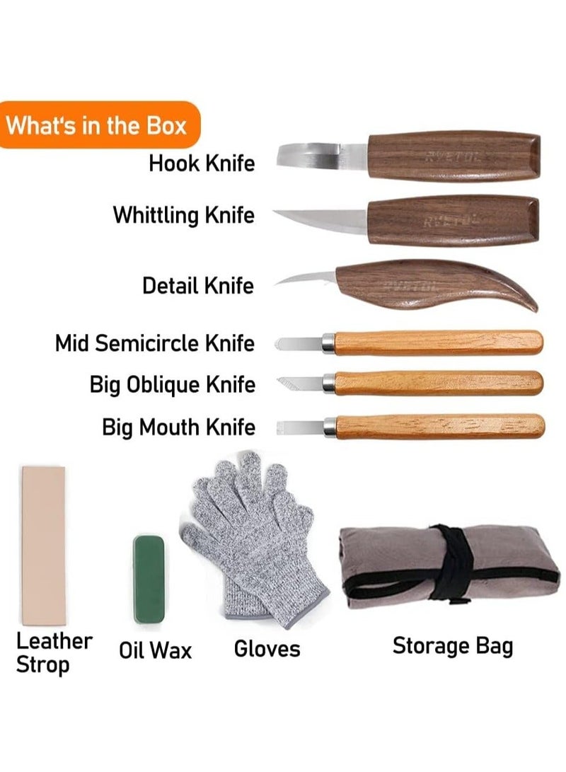 واي آند دي 10Pcs Wood Carving Kit, Convenient Tools Set Cut Resistant Gloves Spoon Hook Knife, Whittling Chip Detail Knife Sandpaper for Woodworking  - Image 5