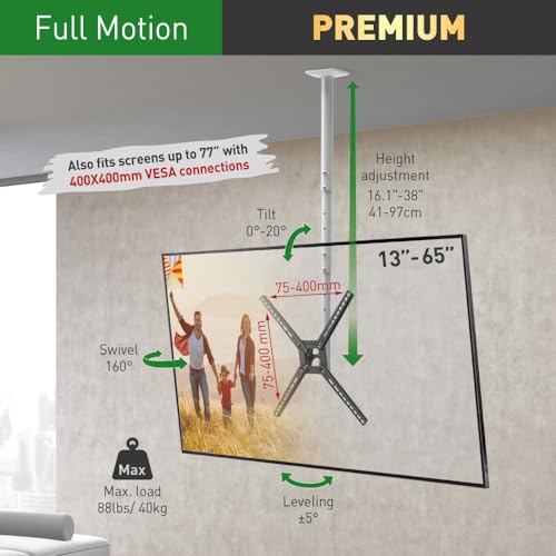 Barkan TV Ceiling Mount, 29-65 inch Full Motion - 3 Movement Flat/Curved Screen Bracket, Holds up to 88 lbs, Telescopic Height Adjustment, Lifetime Limited Warranty, Fits LED OLED LCD - Image 2