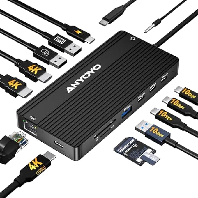 ANYOYO USB-C DOCKING STATION WITH TWO HDMI MONITORS, 14-IN-1 DOCKING STATION WITH THREE DISPLAYS, 4K60HZ (2 HDMI + USB-C VIDEO PORTS), USB-C MONITOR, 10 GBPS (3 X USBA+C), PD100W, LAPTOP DOCK (BLACK) - Image 1