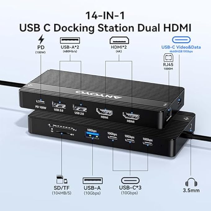 ANYOYO USB-C DOCKING STATION WITH TWO HDMI MONITORS, 14-IN-1 DOCKING STATION WITH THREE DISPLAYS, 4K60HZ (2 HDMI + USB-C VIDEO PORTS), USB-C MONITOR, 10 GBPS (3 X USBA+C), PD100W, LAPTOP DOCK (BLACK) - Image 2