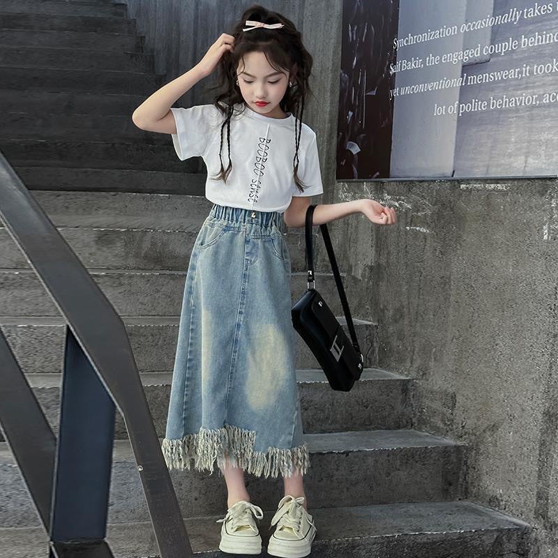 Girls Denim Skirt Summer Medium And Large Children And Little Girls Thin Skirt Western Style T-Shirt Two-Piece Set - Image 3