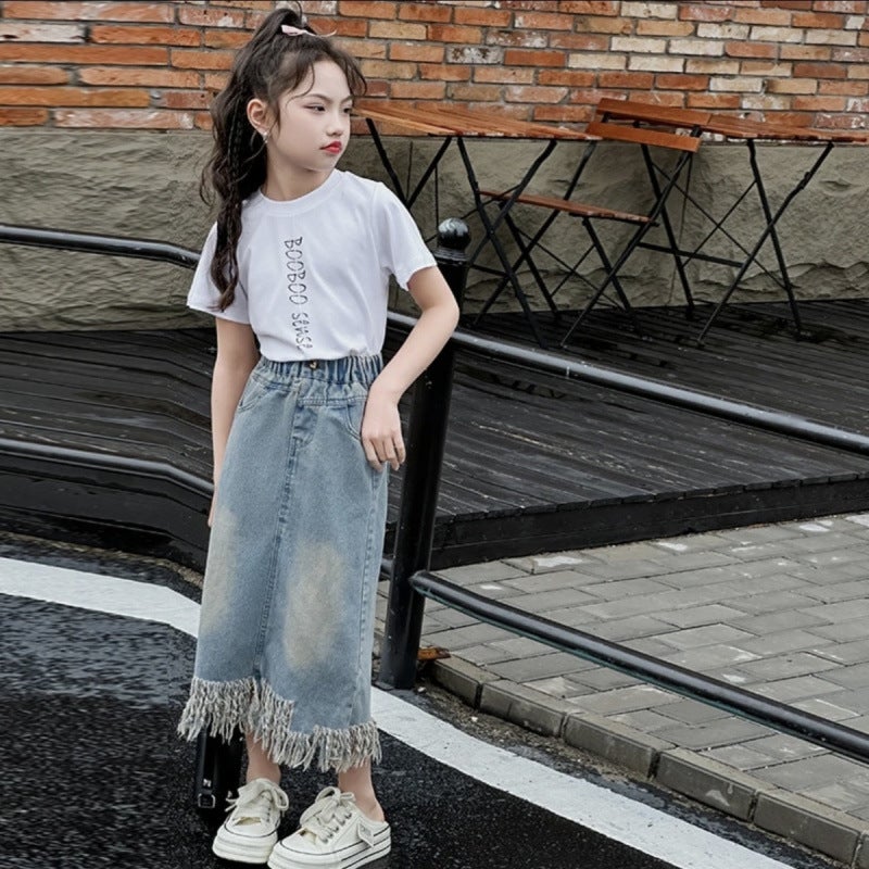 Girls Denim Skirt Summer Medium And Large Children And Little Girls Thin Skirt Western Style T-Shirt Two-Piece Set - Image 4