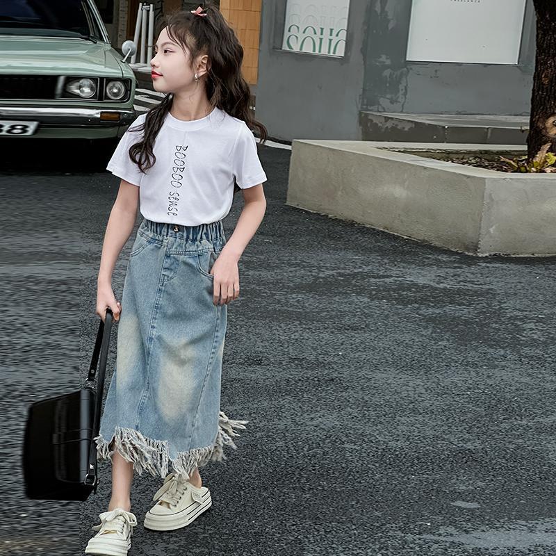 Girls Denim Skirt Summer Medium And Large Children And Little Girls Thin Skirt Western Style T-Shirt Two-Piece Set - Image 5