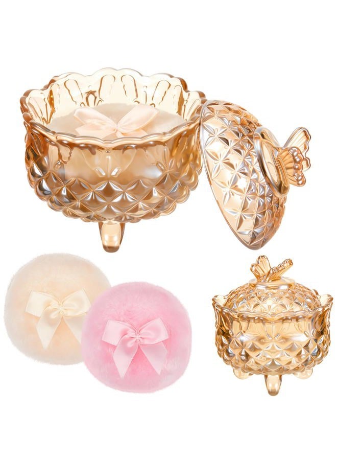 Tioncy 3 Pcs Large Body Powder Puff and Container Valentine's Day gift Powder Container with Puff Crystal Case Soft Washable Reusable Velour Face Body Glitter Wet Dry Makeup(Butterfly,Amber) - Image 1