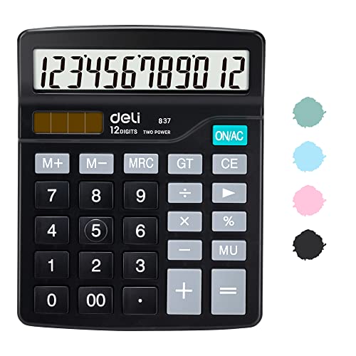 Deli Calculator Deli Standard Function Desktop Calculators with 12 Digit Large LCD Display and Sensitive Button Solar Battery Dual Power Office Calculator Black - Image 1