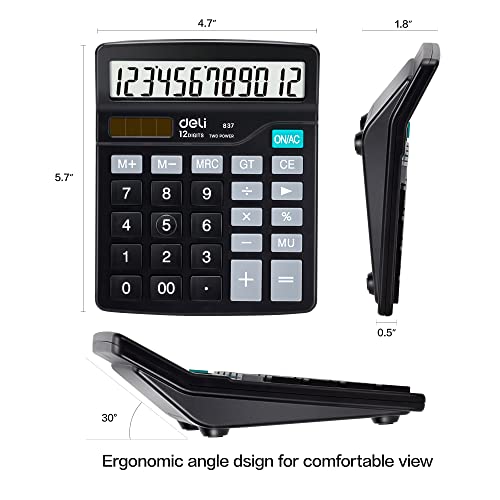 Deli Calculator Deli Standard Function Desktop Calculators with 12 Digit Large LCD Display and Sensitive Button Solar Battery Dual Power Office Calculator Black - Image 3