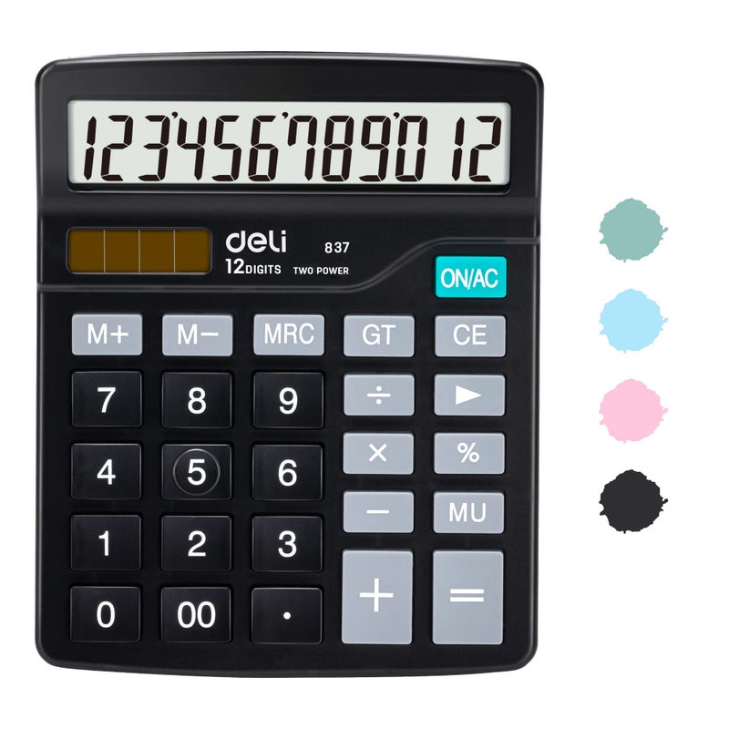 Deli Calculator Deli Standard Function Desktop Calculators with 12 Digit Large LCD Display and Sensitive Button Solar Battery Dual Power Office Calculator Black - Image 2