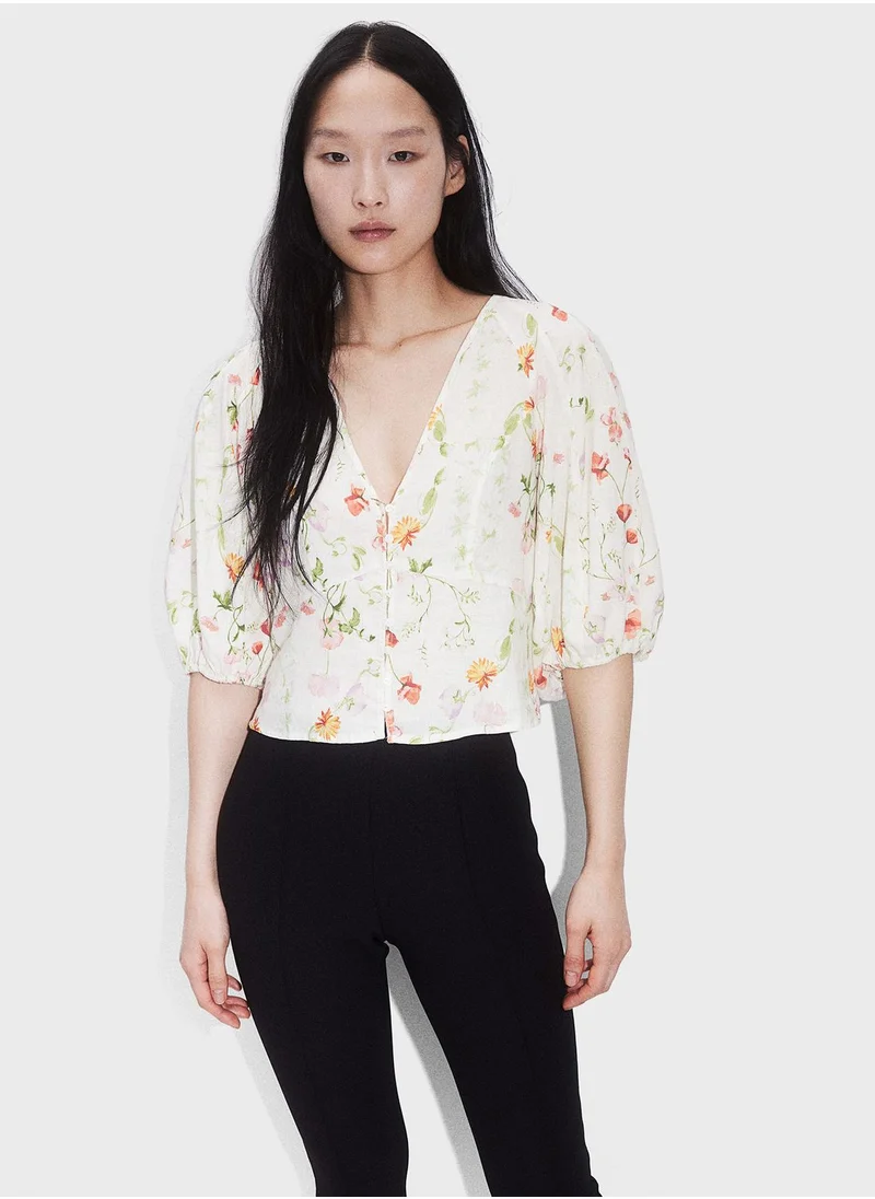 H&M Floral Print Puff Sleeve Crop Top