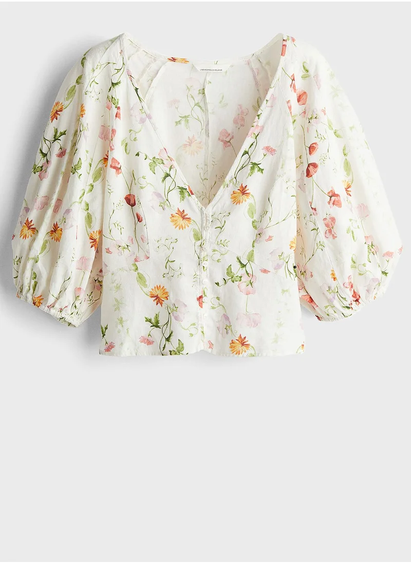 H&M Floral Print Puff Sleeve Crop Top
