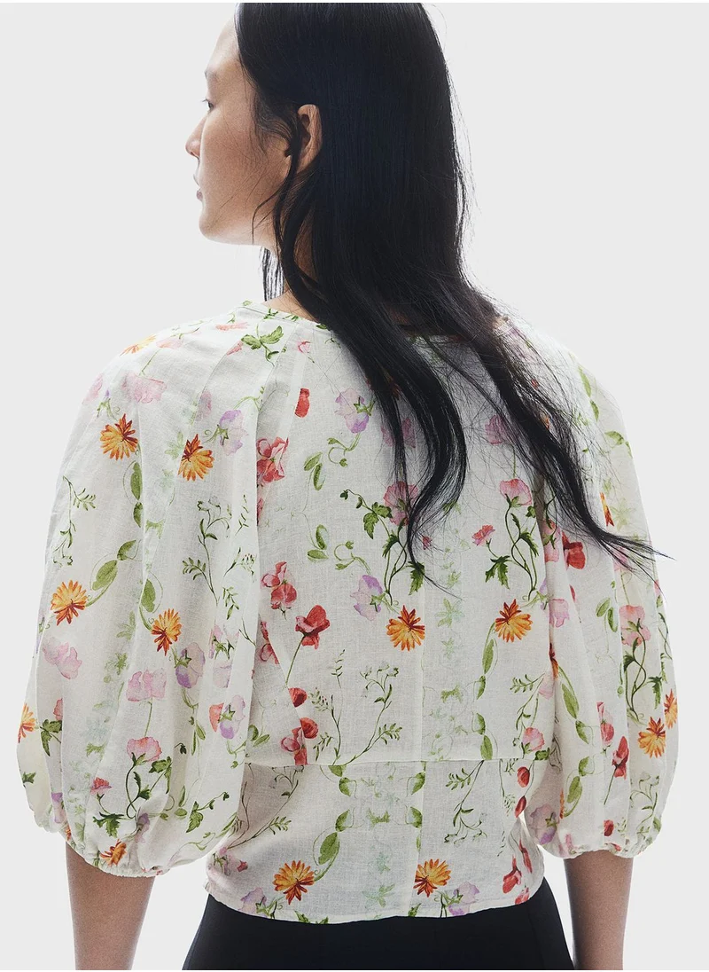 H&M Floral Print Puff Sleeve Crop Top