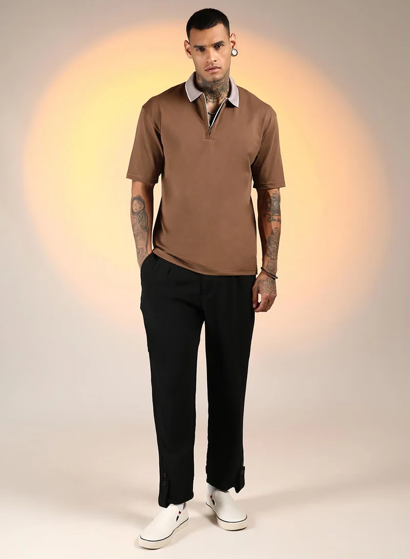Campus Sutra Men's Chocolate Brown Solid Oversized Polo T-Shirt