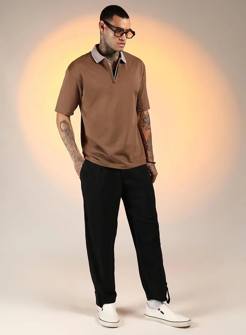 Campus Sutra Men's Chocolate Brown Solid Oversized Polo T-Shirt