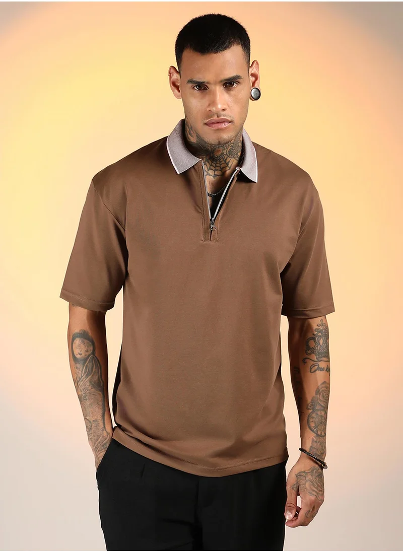 Campus Sutra Men's Chocolate Brown Solid Oversized Polo T-Shirt