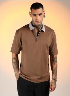 كامبوس سوترا Men's Chocolate Brown Solid Oversized Polo T-Shirt  - Image 2