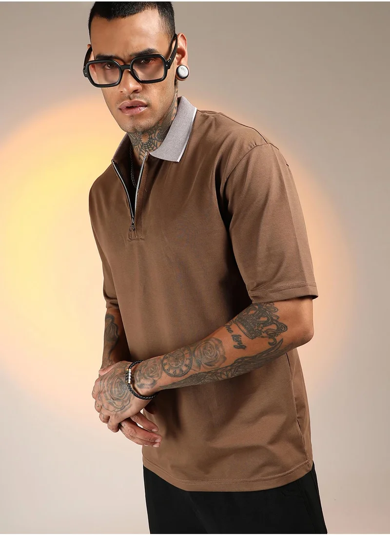 Campus Sutra Men's Chocolate Brown Solid Oversized Polo T-Shirt