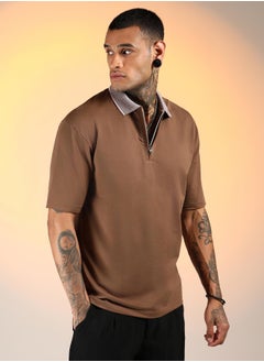 كامبوس سوترا Men's Chocolate Brown Solid Oversized Polo T-Shirt  - Image 3