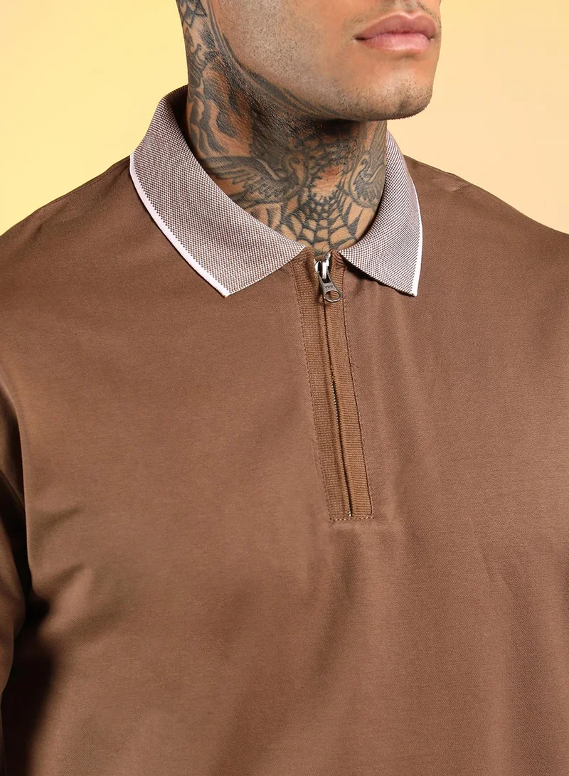 Campus Sutra Men's Chocolate Brown Solid Oversized Polo T-Shirt