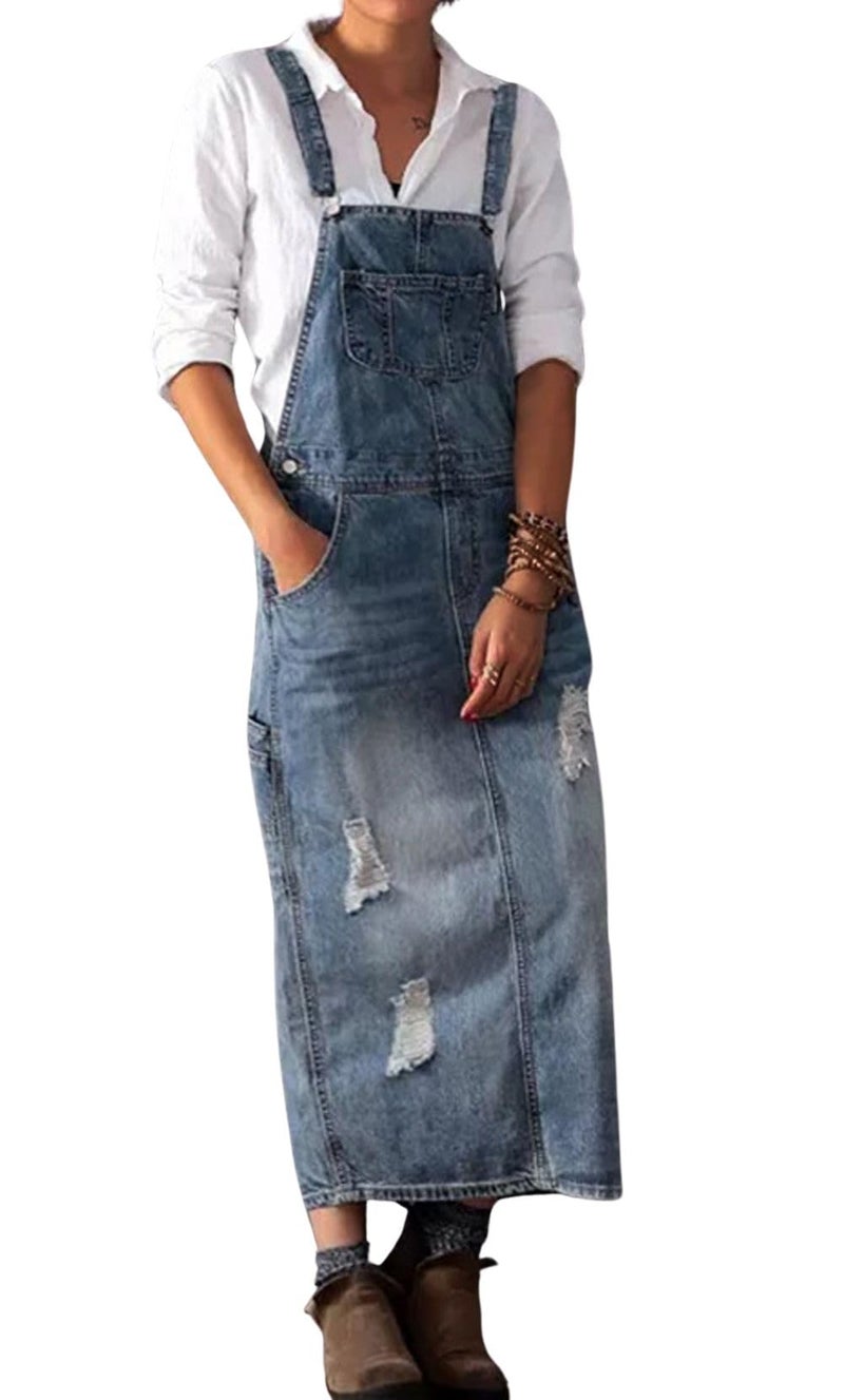 loveimgs Women Distressed Denim Overall Dress Bib Long Jean Jumper Ripped Adjustable Straps Patchwork Pinafore Dress (Medium,Light blue) - Image 1