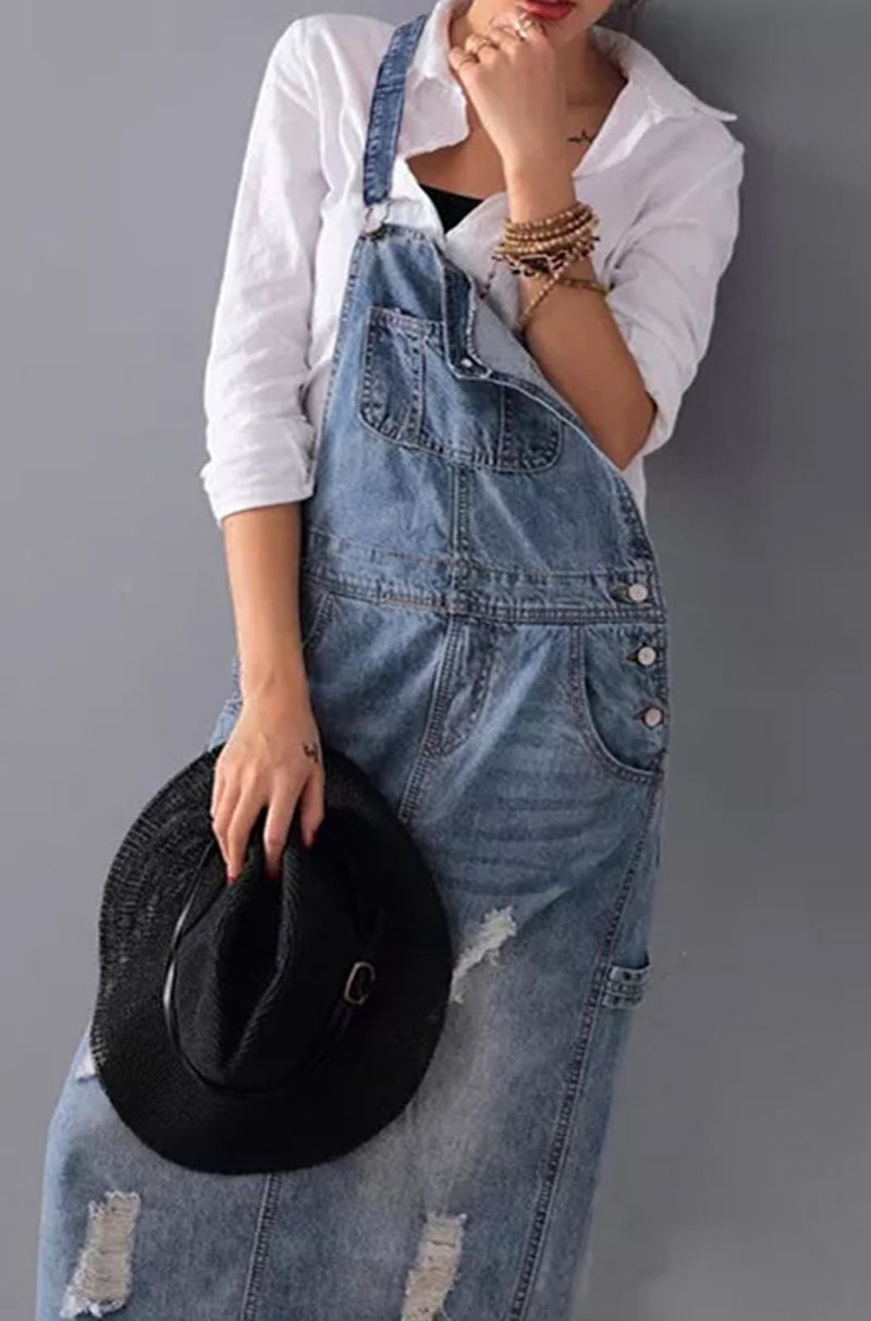 loveimgs Women Distressed Denim Overall Dress Bib Long Jean Jumper Ripped Adjustable Straps Patchwork Pinafore Dress (Medium,Light blue) - Image 2