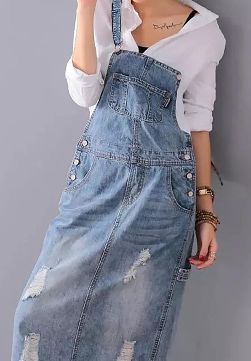 loveimgs Women Distressed Denim Overall Dress Bib Long Jean Jumper Ripped Adjustable Straps Patchwork Pinafore Dress (Medium,Light blue) - Image 5