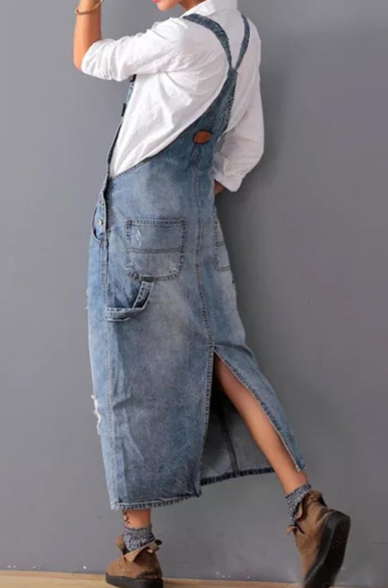 loveimgs Women Distressed Denim Overall Dress Bib Long Jean Jumper Ripped Adjustable Straps Patchwork Pinafore Dress (Medium,Light blue) - Image 3