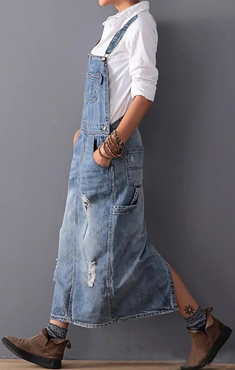 loveimgs Women Distressed Denim Overall Dress Bib Long Jean Jumper Ripped Adjustable Straps Patchwork Pinafore Dress (Medium,Light blue) - Image 4