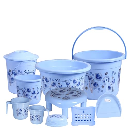 VeleSolv Virgin Plastic Heavy Duty, Large Capacity 20 L Bucket, 7 L Bucket, Patla, 22 L Deep Tub, Dustbin, 1.5 L Mug, 1 L Mug, Soap Case, Dustpan, Tooth Brush Stand Bathroom Set (Blue) - 10 Pieces - Image 1