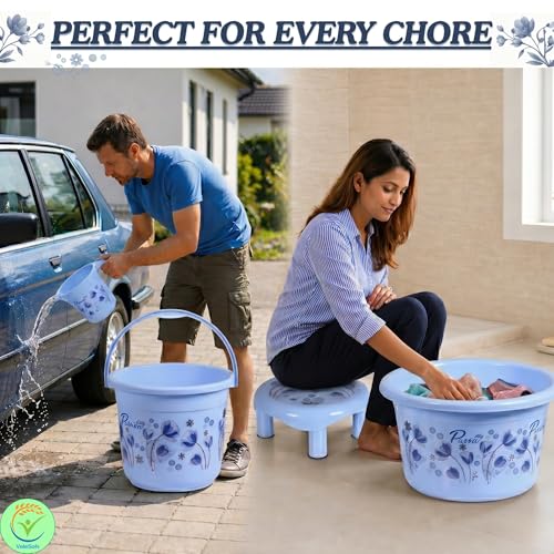 VeleSolv Virgin Plastic Heavy Duty, Large Capacity 20 L Bucket, 7 L Bucket, Patla, 22 L Deep Tub, Dustbin, 1.5 L Mug, 1 L Mug, Soap Case, Dustpan, Tooth Brush Stand Bathroom Set (Blue) - 10 Pieces - Image 5