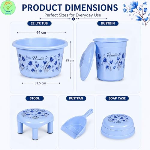 VeleSolv Virgin Plastic Heavy Duty, Large Capacity 20 L Bucket, 7 L Bucket, Patla, 22 L Deep Tub, Dustbin, 1.5 L Mug, 1 L Mug, Soap Case, Dustpan, Tooth Brush Stand Bathroom Set (Blue) - 10 Pieces - Image 4