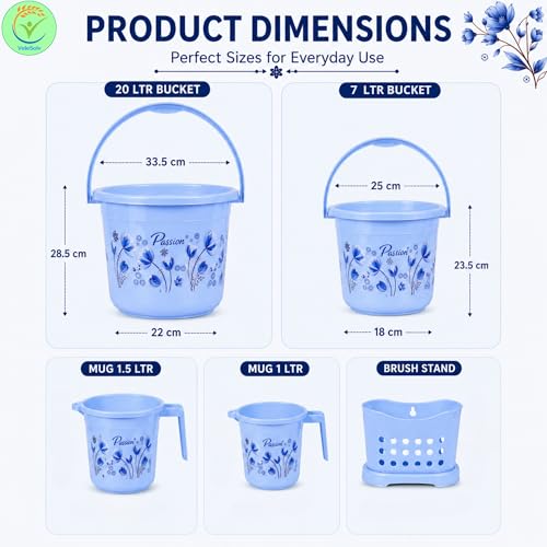 VeleSolv Virgin Plastic Heavy Duty, Large Capacity 20 L Bucket, 7 L Bucket, Patla, 22 L Deep Tub, Dustbin, 1.5 L Mug, 1 L Mug, Soap Case, Dustpan, Tooth Brush Stand Bathroom Set (Blue) - 10 Pieces - Image 3