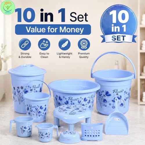 VeleSolv Virgin Plastic Heavy Duty, Large Capacity 20 L Bucket, 7 L Bucket, Patla, 22 L Deep Tub, Dustbin, 1.5 L Mug, 1 L Mug, Soap Case, Dustpan, Tooth Brush Stand Bathroom Set (Blue) - 10 Pieces - Image 2