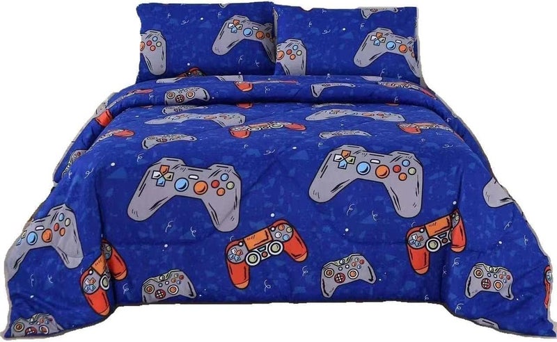 SDIII 3PCS Blue Gaming Comforter Set Full Soft Microfiber Lightweight Game Comforter Sets for Boys Girls Kids Teens Video Gamer Bedding Set Full