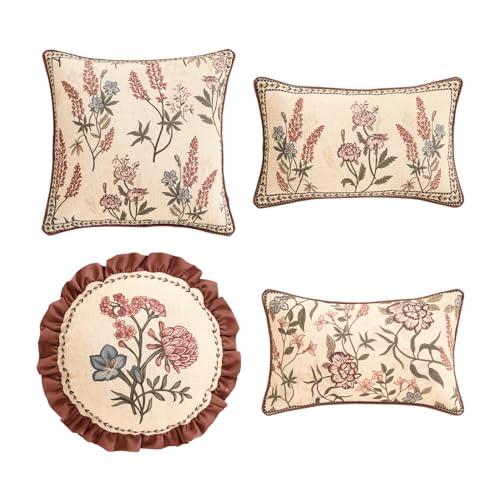 ISAENNE Design Linen Vintage Lumbar Square Round Throw Pillow Covers Set of 4 French Country Cushion Covers with Pink Blue Floral Pattern Decoration Pillowcases for BedLiving RoomOutdoorCar - Image 1