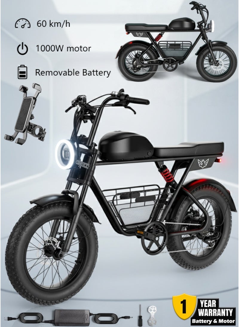 Wind Horse D5 Electric Off-Road Bike, 1000W Powerful Brushless Motor, 48V 21Ah Removable Battery, 60KM/H Max Speed, 60–80KM Range, 20-Inch Fat Tires, Carbon Alloy Frame, Hydraulic Disc Brakes, Shimano 7-Speed Gears - Image 1