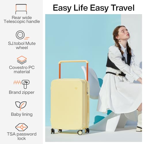mixi Carry On Luggage Airline Approved Wide Handle Lightweight Luggage PC Hard Shell Suitcases Rolling Suitcases with Spinner Wheels & TSA Lock, 20 Inch Lark Yellow - Image 2