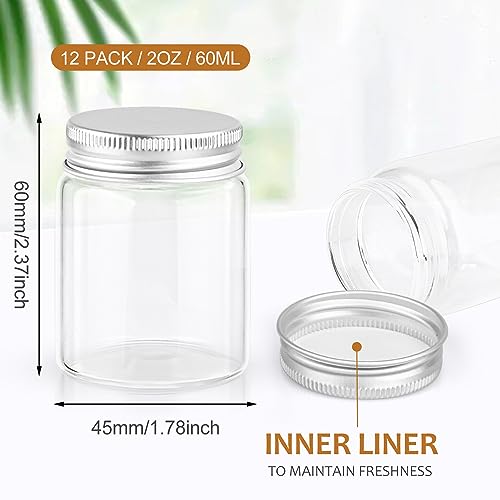 Furnido 12 Pack 2Ounces Glass Jars with Lids,Clear Mini Mason Jars Glass Jars with Aluminum Airtight Lids Round Canning Storage Jars Containers for Essential Oils,Cream,Powders,Ointments,Herbs,Art Craft - Image 3