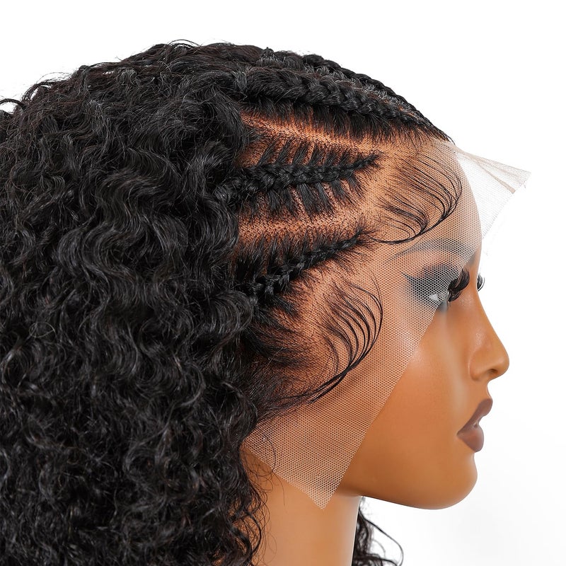 SUPERNOVA Curly Human Hair Wig 13x4 Lace Front Wigs Human Hair Half-Cornrows Half-Deep Curly Wig Pre Plucked Pre Styled Braid Wigs For Black Women 200 Density 16 Inch - Image 3
