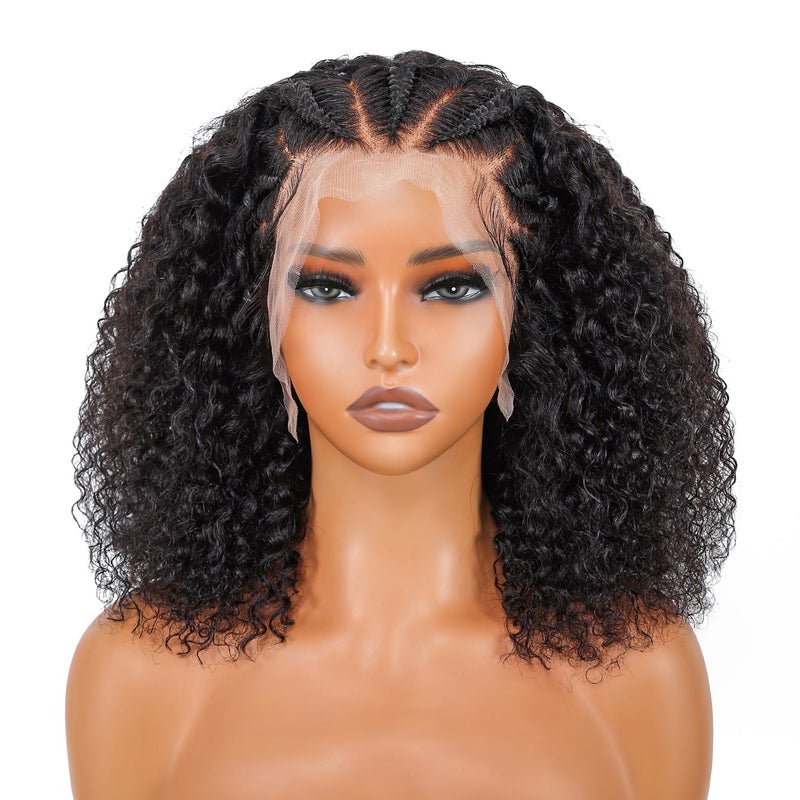 SUPERNOVA Curly Human Hair Wig 13x4 Lace Front Wigs Human Hair Half-Cornrows Half-Deep Curly Wig Pre Plucked Pre Styled Braid Wigs For Black Women 200 Density 16 Inch - Image 2