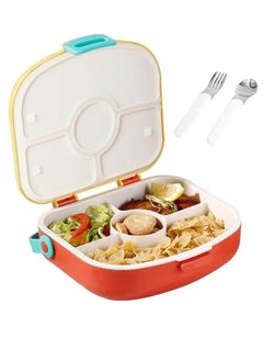 NANAO Bento Boxes Lunch Box For Kids Student,1300ML Drop And Leak Proof,Lightweight And Easy To Carry, With Own Handle No Bento Bag, 4 Compartment Food Container, With Cutlery（Yellow&Orange）  - Image 1