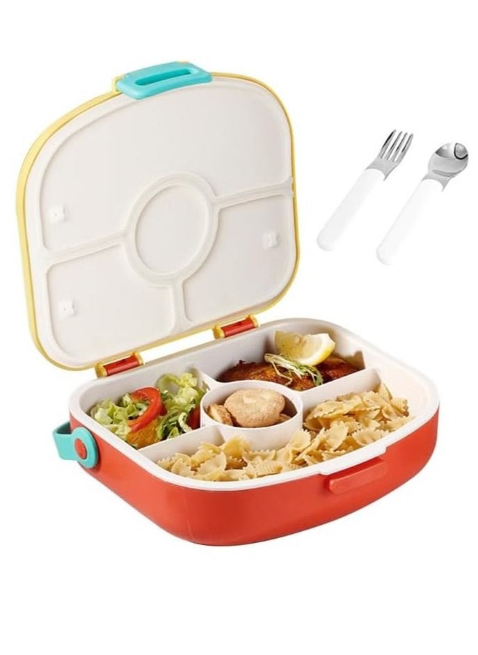 Bento Boxes Lunch Box For Kids Student,1300ML Drop And Leak Proof,Lightweight And Easy To Carry, With Own Handle No Bento Bag, 4 Compartment Food Container, With Cutlery（Yellow&Orange）