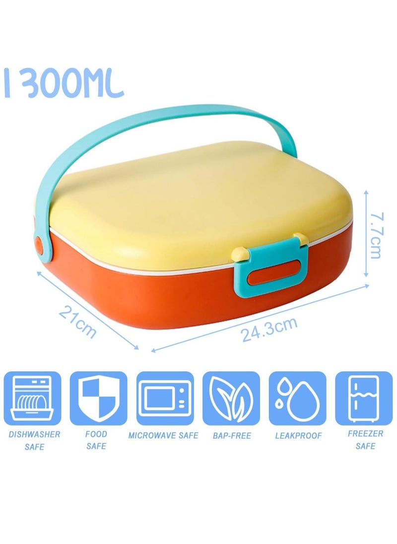 Bento Boxes Lunch Box For Kids Student,1300ML Drop And Leak Proof,Lightweight And Easy To Carry, With Own Handle No Bento Bag, 4 Compartment Food Container, With Cutlery（Yellow&Orange）