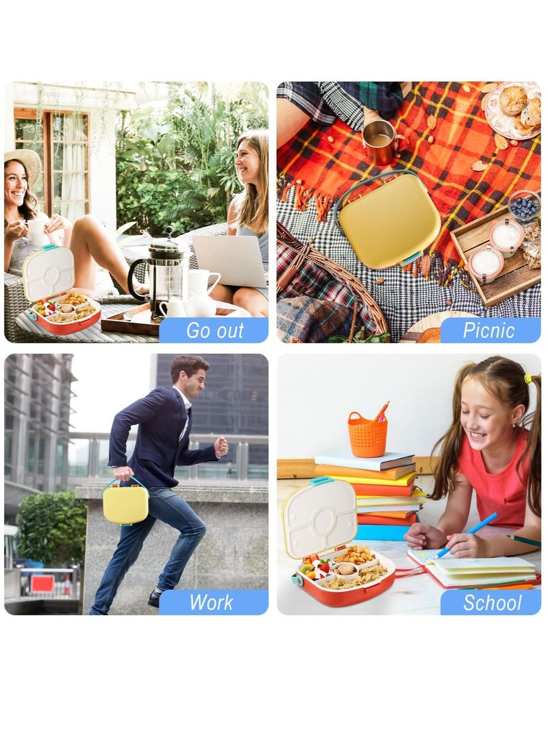 Bento Boxes Lunch Box For Kids Student,1300ML Drop And Leak Proof,Lightweight And Easy To Carry, With Own Handle No Bento Bag, 4 Compartment Food Container, With Cutlery（Yellow&Orange）