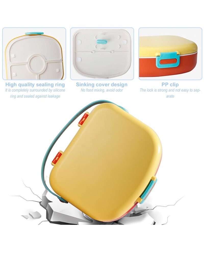 Bento Boxes Lunch Box For Kids Student,1300ML Drop And Leak Proof,Lightweight And Easy To Carry, With Own Handle No Bento Bag, 4 Compartment Food Container, With Cutlery（Yellow&Orange）