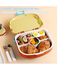 NANAO Bento Boxes Lunch Box For Kids Student,1300ML Drop And Leak Proof,Lightweight And Easy To Carry, With Own Handle No Bento Bag, 4 Compartment Food Container, With Cutlery（Yellow&Orange）  - Image 3