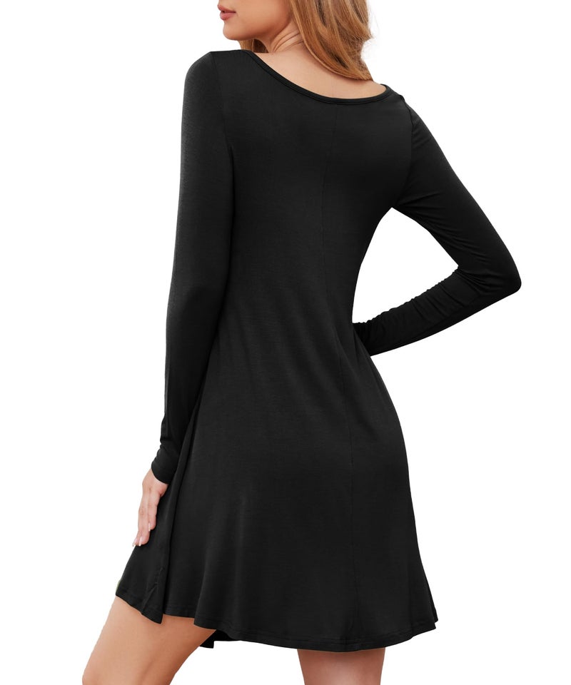 DEARCASE Women's Long Sleeve Casual Sweater Tunic Dress Black XX-Large V-Neck Spring Loose Fall Winter Wedding Guest Knee Length Jersey Flowy Swing Tshirt Dresses - Image 2