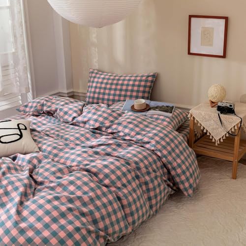 mixinni Pink Blue Purple Checkered Duvet Cover Set Full Size 3Piece 100 Cotton Bedding Set Soft Breathable Geometric Plaid with Zipper Closure Reversible Comforter Cover for All Seasons - Image 3