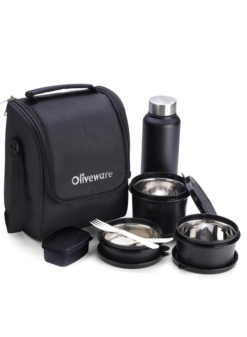 oliveware Teso Lunch Box with Bottle - Black | 3 Stainless Steel Containers and Pickle Box and Assorted Steel Bottle | Insulated Fabric Bag | Leak Proof Microwave Safe | Full Meal and Easy to Carry - Image 1